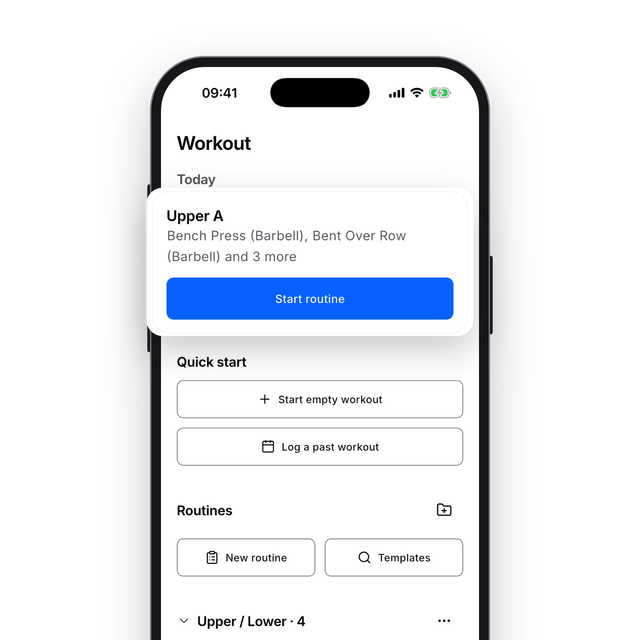 The RAW Workout tab: Upper A is on for today, above the Upper / Lower folder with four routines.
